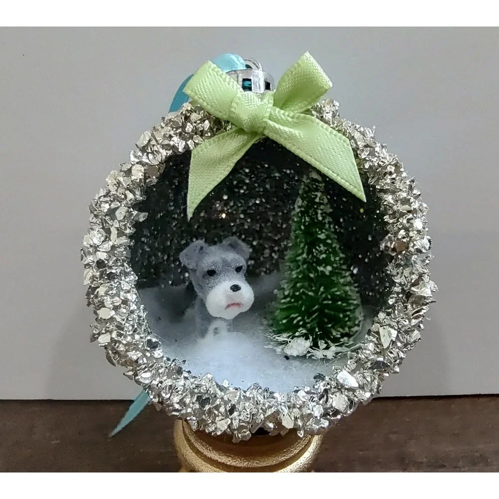 Dog Christmas Ornament Handmade Vtg Style OOAK Shatterproof Schnauzer Diorama O7